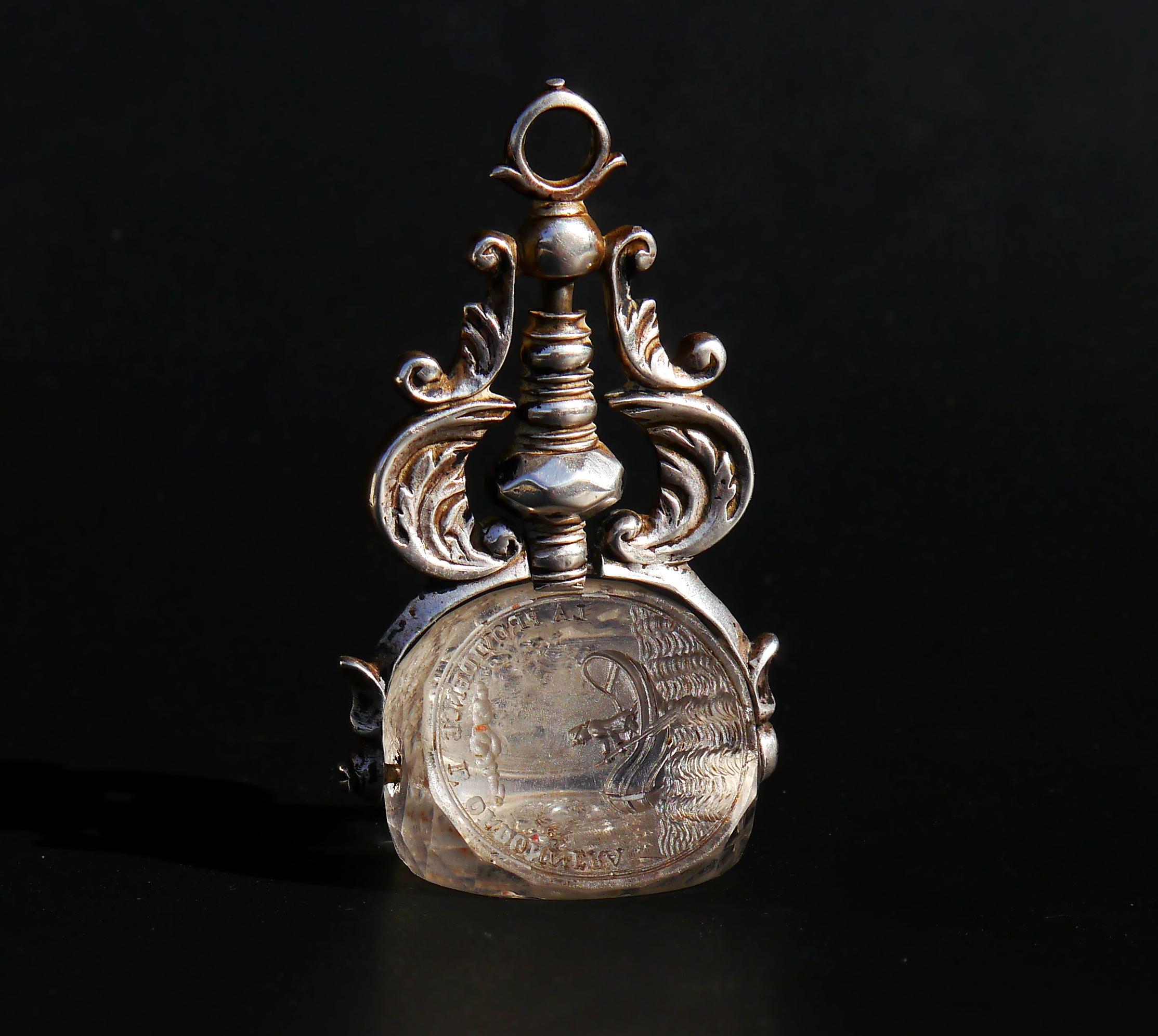 Taille mixte 1676 Friedrich von Arenstorff Intaglio Fob wax Seal Rock Crystal Silver en vente