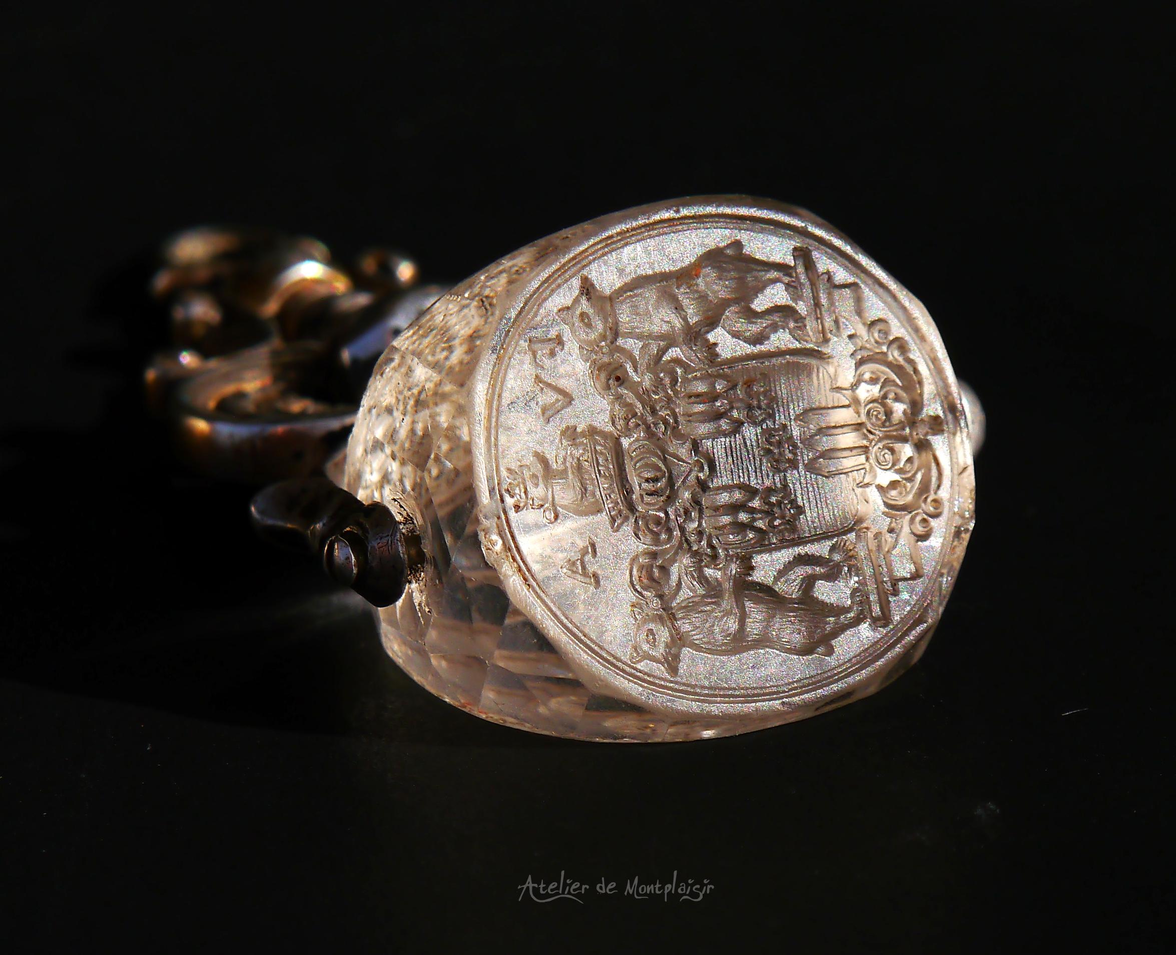 1676 Friedrich von Arenstorff Intaglio Fob wax Seal Rock Crystal Silver en vente 1