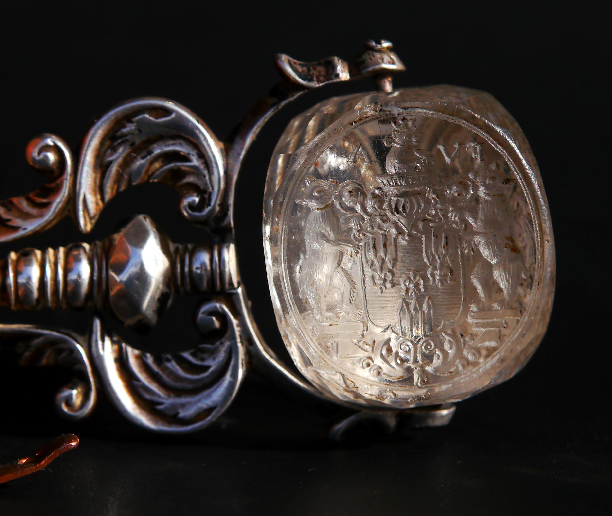 1676 Friedrich von Arenstorff Intaglio Fob wax Seal Rock Crystal Silver en vente 3