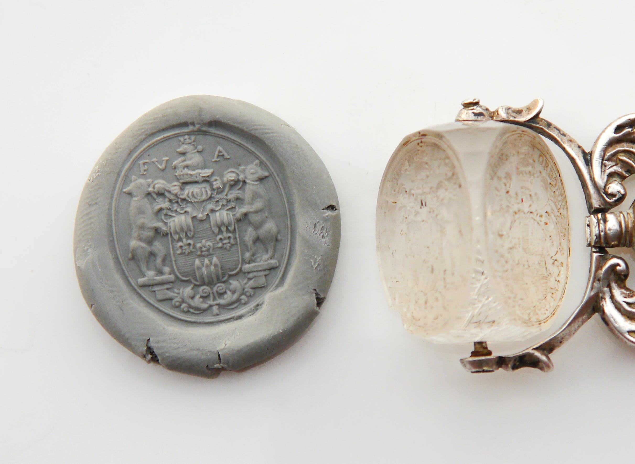 1676 Friedrich von Arenstorff Intaglio Fob wax Seal Rock Crystal Silver en vente 5