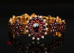 Bracelet bohémien ancien avec grenats et perles de graine, argent doré, 16 cm / 17,8 g
