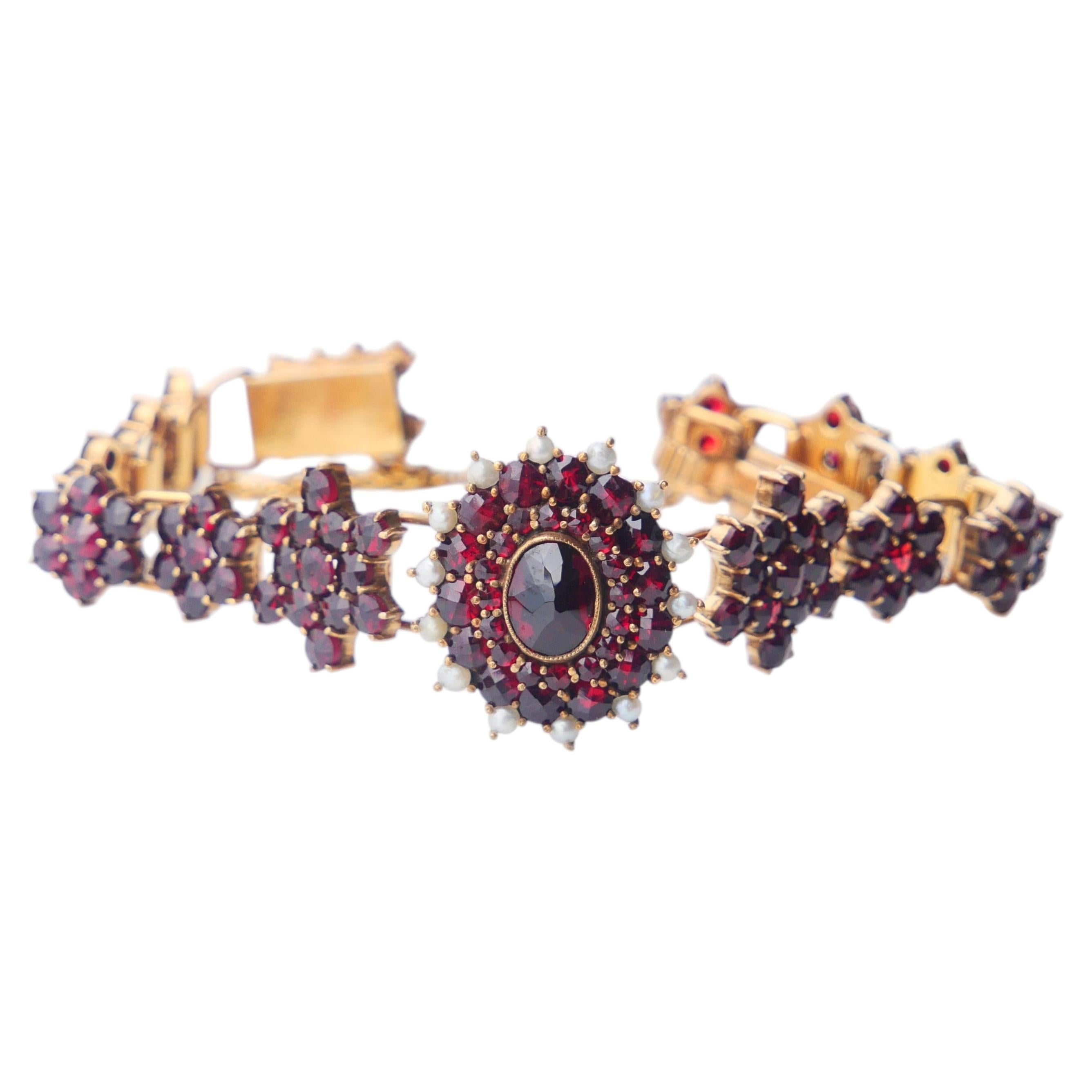 Bracelet bohémien ancien avec grenats et perles de graine, argent doré, 16 cm / 17,8 g