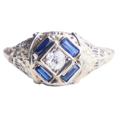 Antique Ring natural Diamond Sapphire 14K Gold / ØUS 7.25 / 2.1 gr