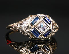Antique Ring natural Diamond Sapphire 14K Gold / ØUS 7.25 / 2.1 gr