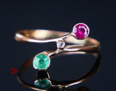 Antique Ring natural Ruby Diamond Emerald solid 18K Gold ØUS 6.25 / 1.15 gr