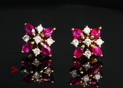 Vintage Earrings natural 1ctw. Ruby 0.25 ctw. Diamonds 18K Gold / 4.2 gr