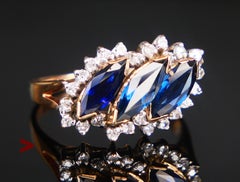 Anello vintage con zaffiri naturali e diamanti per un totale di 2,4 carati, in oro massiccio 14K, Ø 6,5 US / 3,5 gr