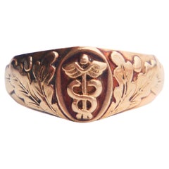 1966 Caduceus-Kerykeion-Ring für Herren, Unisex-Siegelring, massives 14-karätiges Gold, Ø US 8,25 / 5,4 g