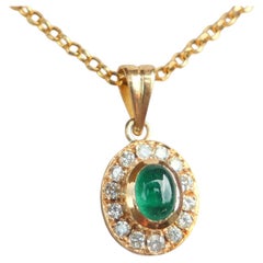 Vintage Halo Pendant natural Emerald Diamonds solid 18K Gold/ 2.5 gr