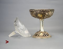 Antique German Pedestal Compote Dish 830 Silver Cut Crystal Glass / 354gr