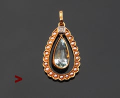 1920 Teardrop Pendant 1.3ct. Aquamarine Seed Pearl Diamond solid 18K Gold/ 2.3gr