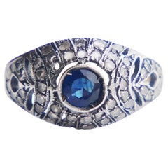Antique Navette Ring 0.6ct Sapphire Diamonds solid 14K Gold Silver Ø7.5US/ 2 gr