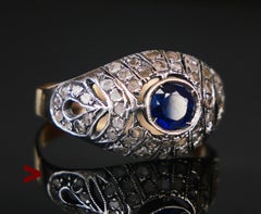 Antique Navette Ring 0.6ct Sapphire Diamonds solid 14K Gold Silver Ø7.5US/ 2 gr