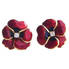 Vintage Pansy Earrings Guilloche Enamel Diamonds solid 18K Gold / 5 gr