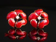 Vintage Pansy Earrings Guilloche Enamel Diamonds solid 18K Gold / 5 gr