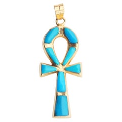 Vintage Pendant Egyptian ANKH Key Of Life Turquoise solid 18K Gold /4.7gr