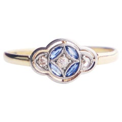 Antique Art-Deco Shield Ring Two-Tone Sapphire Diamonds 14KGold US7.25/ 1.45gr