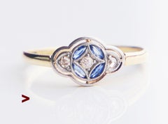 Antique Art-Deco Shield Ring Two-Tone Sapphire Diamonds 14KGold US7.25/ 1.45gr