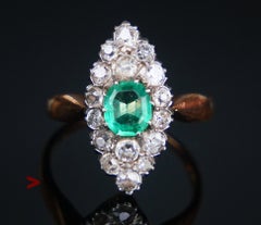 Antique Navette Ring 0.8ct Emerald 1.3ctw. Diamond solid 14K Gold ØUS6.75/ 3.8gr