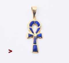 Vintage-Anhänger: Ägyptisches ANKH – Schlüssel des Lebens – Lapislazuli, massives 18-karätiges Gold / 1,7 g