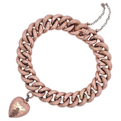 Antique 14K Rose Gold Curb-Link Heart Charm Bracelet