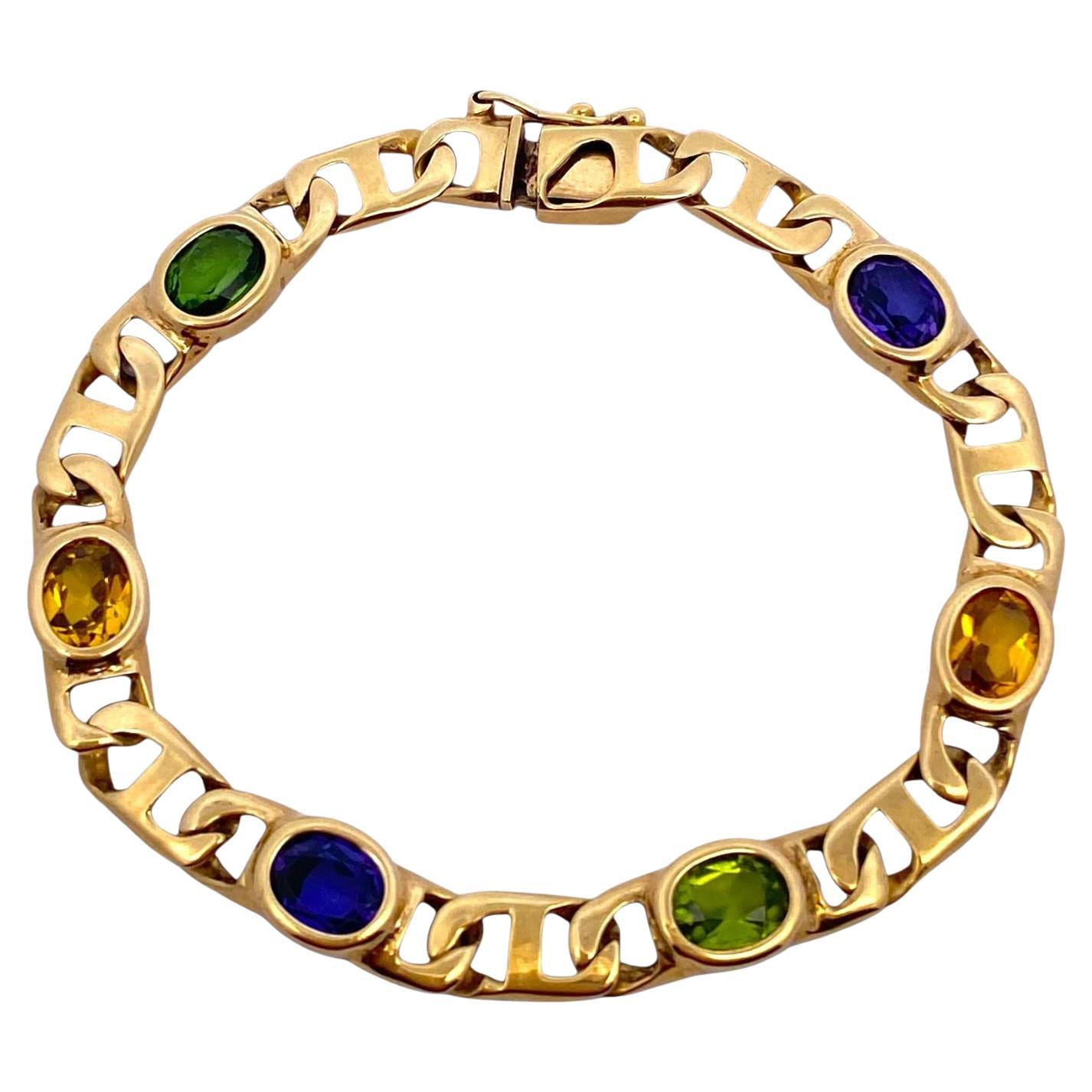 Vintage 14K Gold Multi Gemstone Flat Mariner Links Bracelet en vente