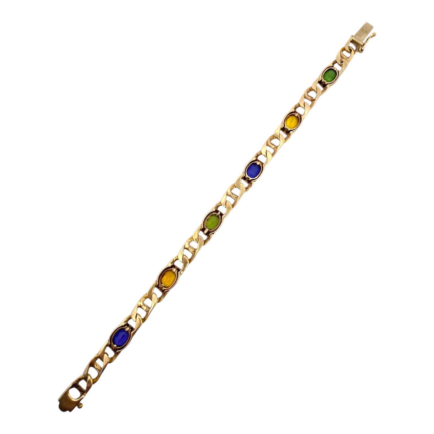Contemporain Vintage 14K Gold Multi Gemstone Flat Mariner Links Bracelet en vente