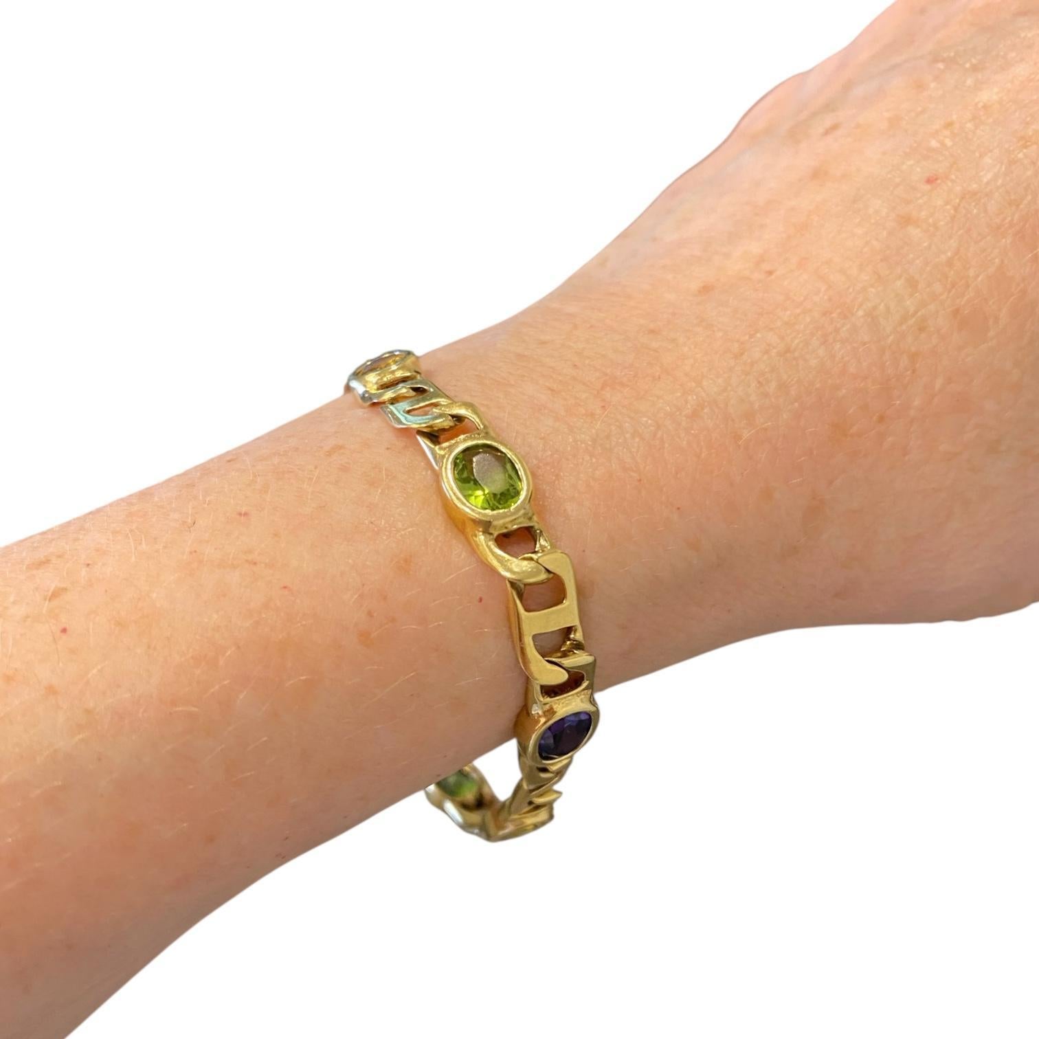 Vintage 14K Gold Multi Gemstone Flat Mariner Links Bracelet Bon état - En vente à Henderson, NV