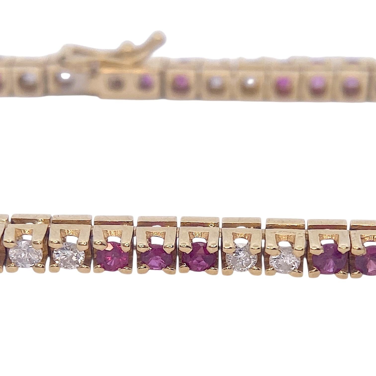 Bracelet tennis en or jaune 14 carats, rubis et diamants Bon état - En vente à Henderson, NV