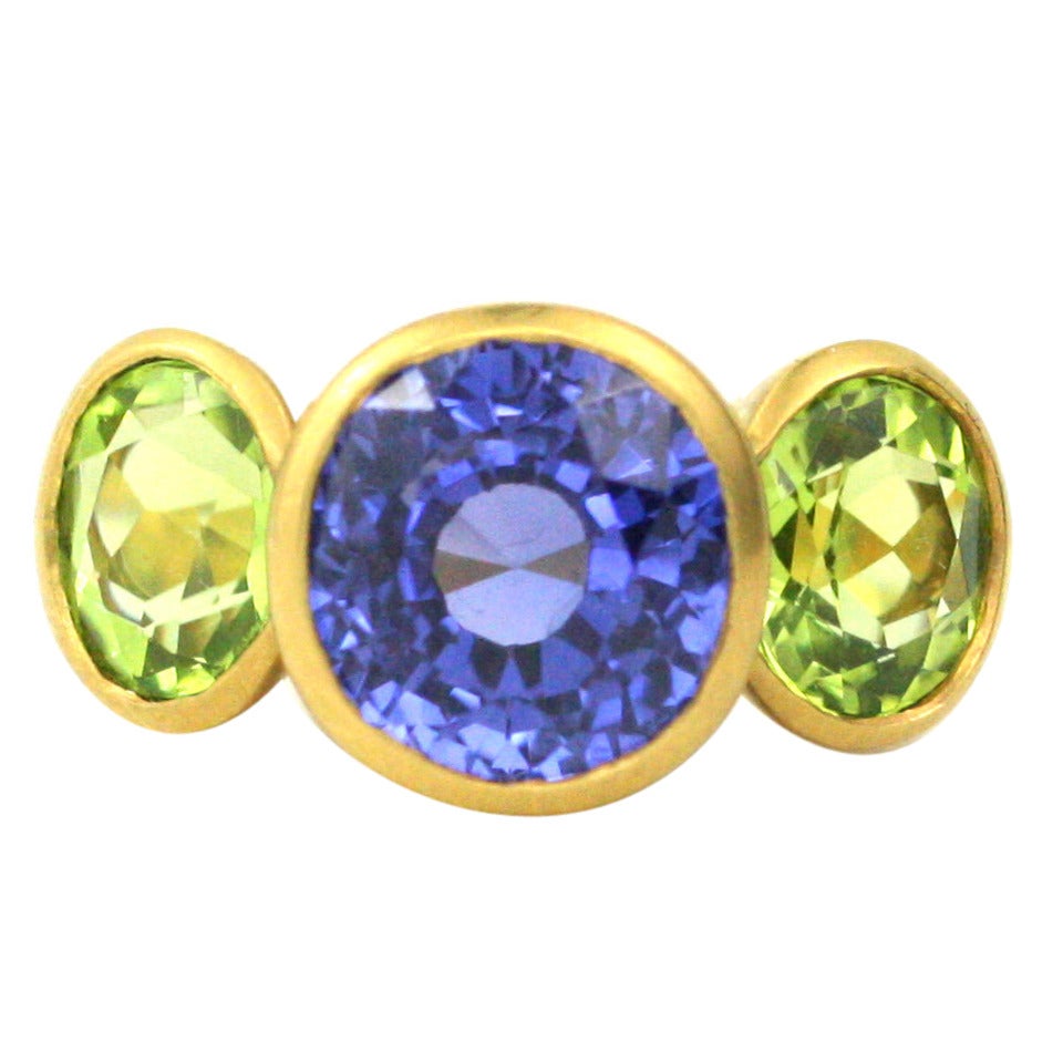 Peridot Sapphire Gold Three Stone Ring