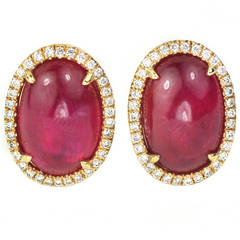 Natural Cabochon Ruby Diamond Gold Earrings