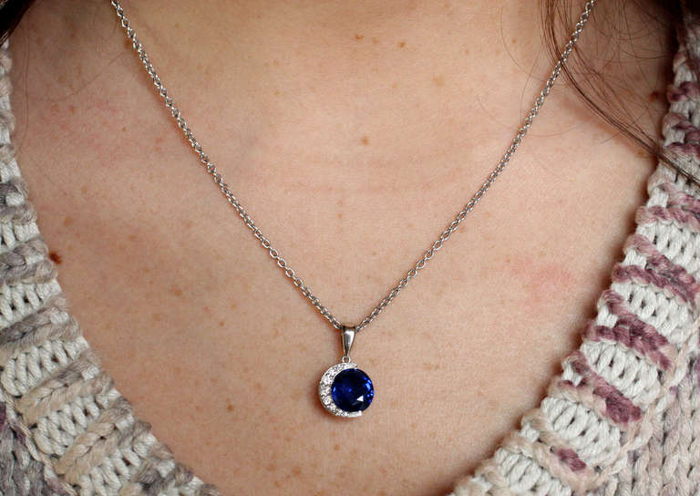 Platinum, Natural Sapphire & Diamond crescent moon Pendant with 16