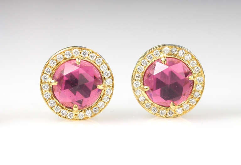 18kt Yellow Gold, Rose Cut Pink Tourmaline & Diamond Earrings.
The Pink Tourmalines are 2.26 carats and set with brilliant diamonds. Designed and made in-house by Julius Cohen New York.