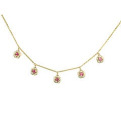 Pink Tourmaline Diamond Gold Flower Necklace 2