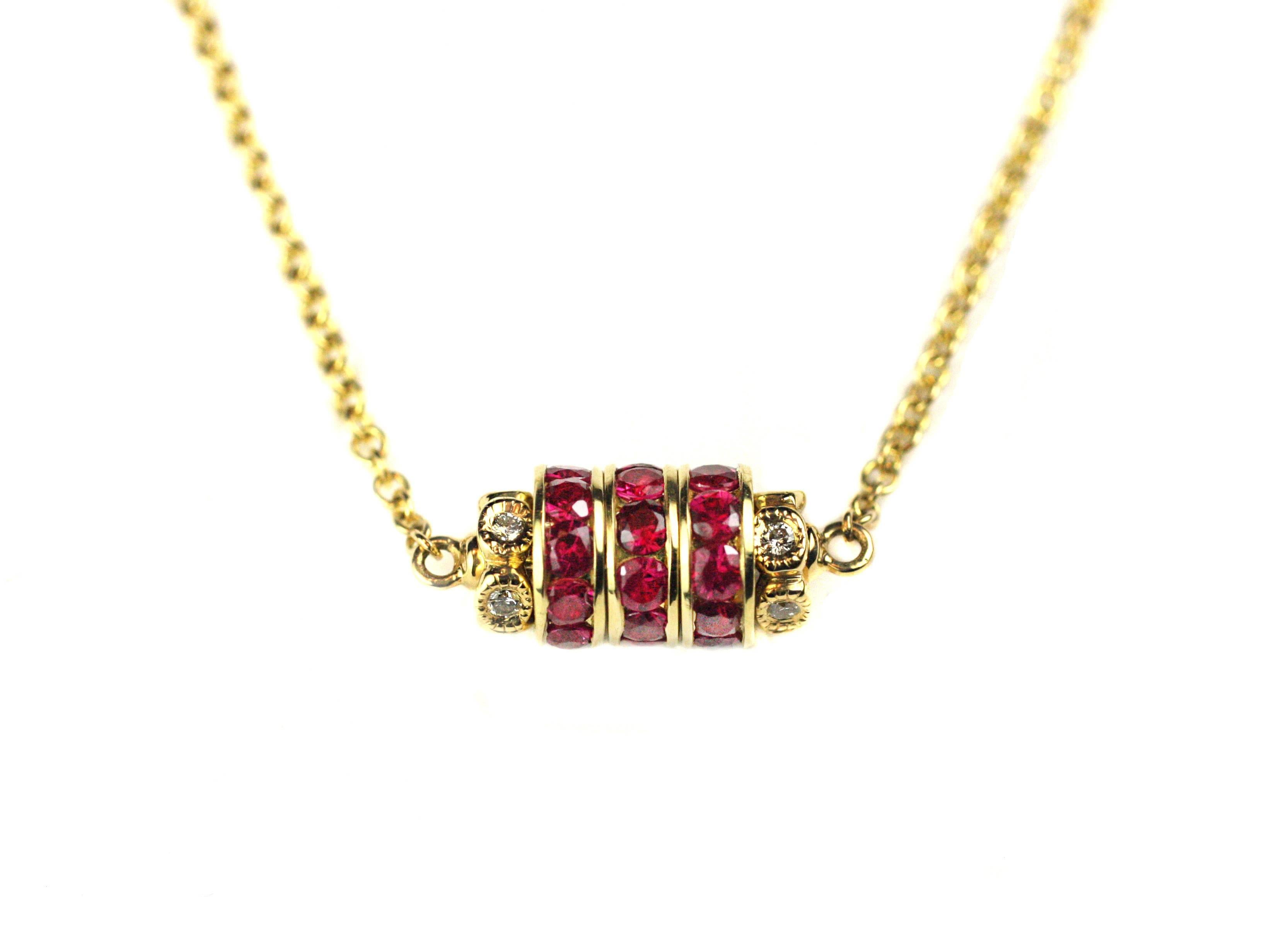 This beautiful necklace is made with 18kt yellow gold ruby and diamond rondelles. The ruby rondelles contain 27 rubies equalling 1.20 carats and the diamond rondelles contain 10 brilliant diamonds equalling .10 carats. Necklace measures 16