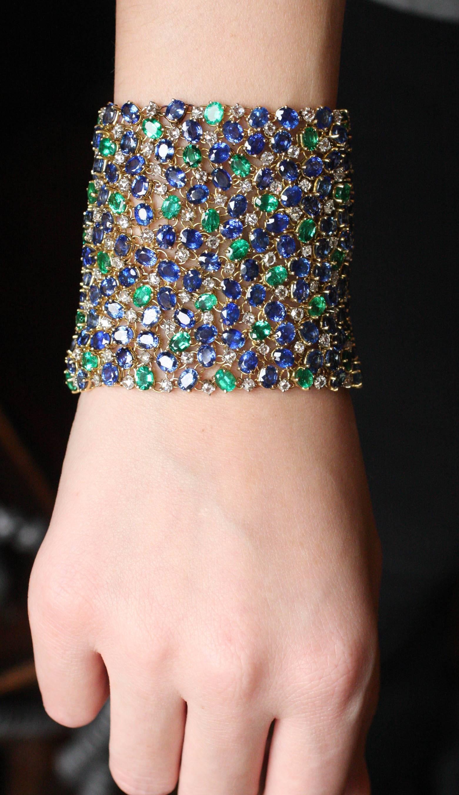 Round Cut Wide Diamond Emerald Sapphire Peacock Tapestry Bracelet