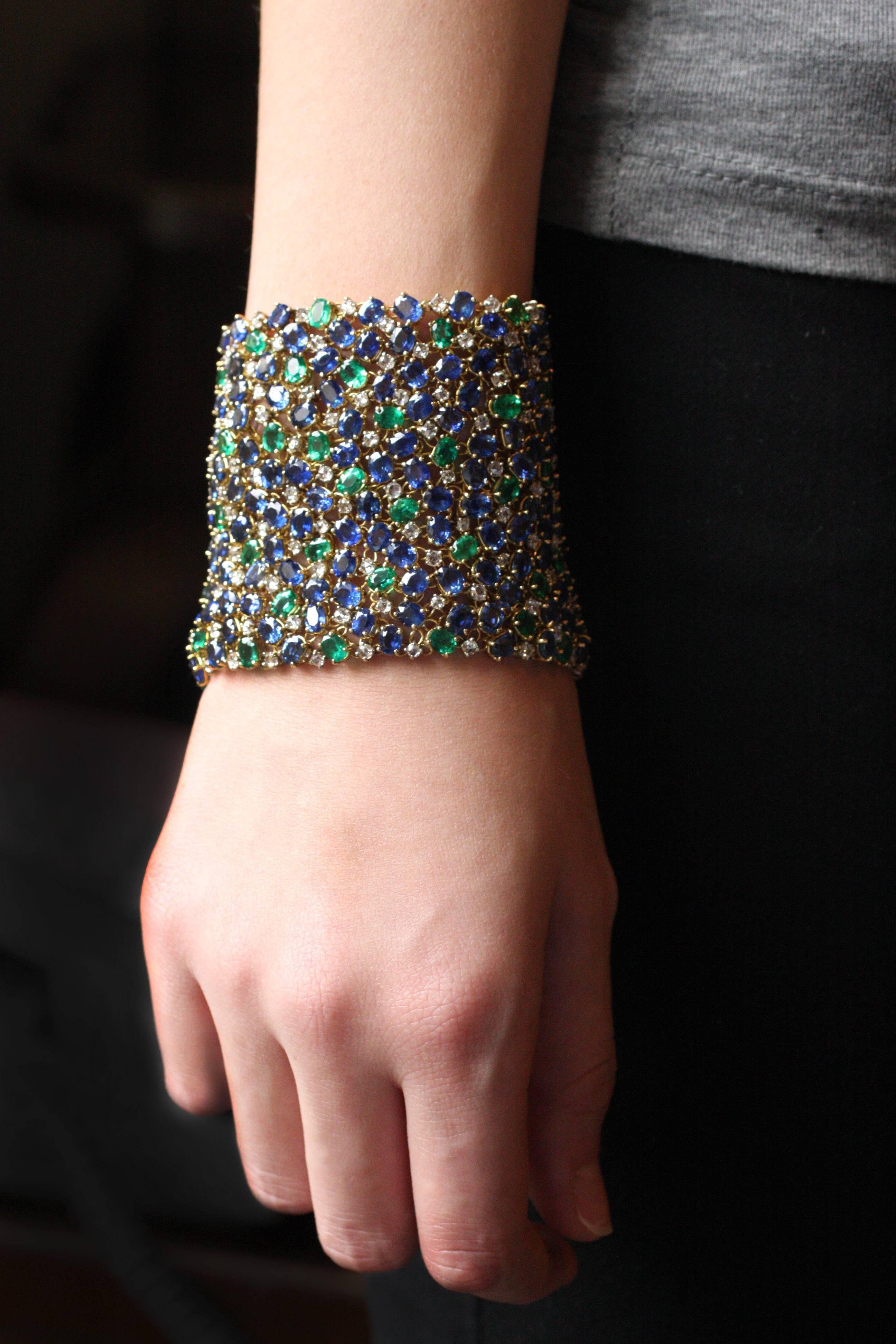 Wide Diamond Emerald Sapphire Peacock Tapestry Bracelet In New Condition In Brooklyn, NY