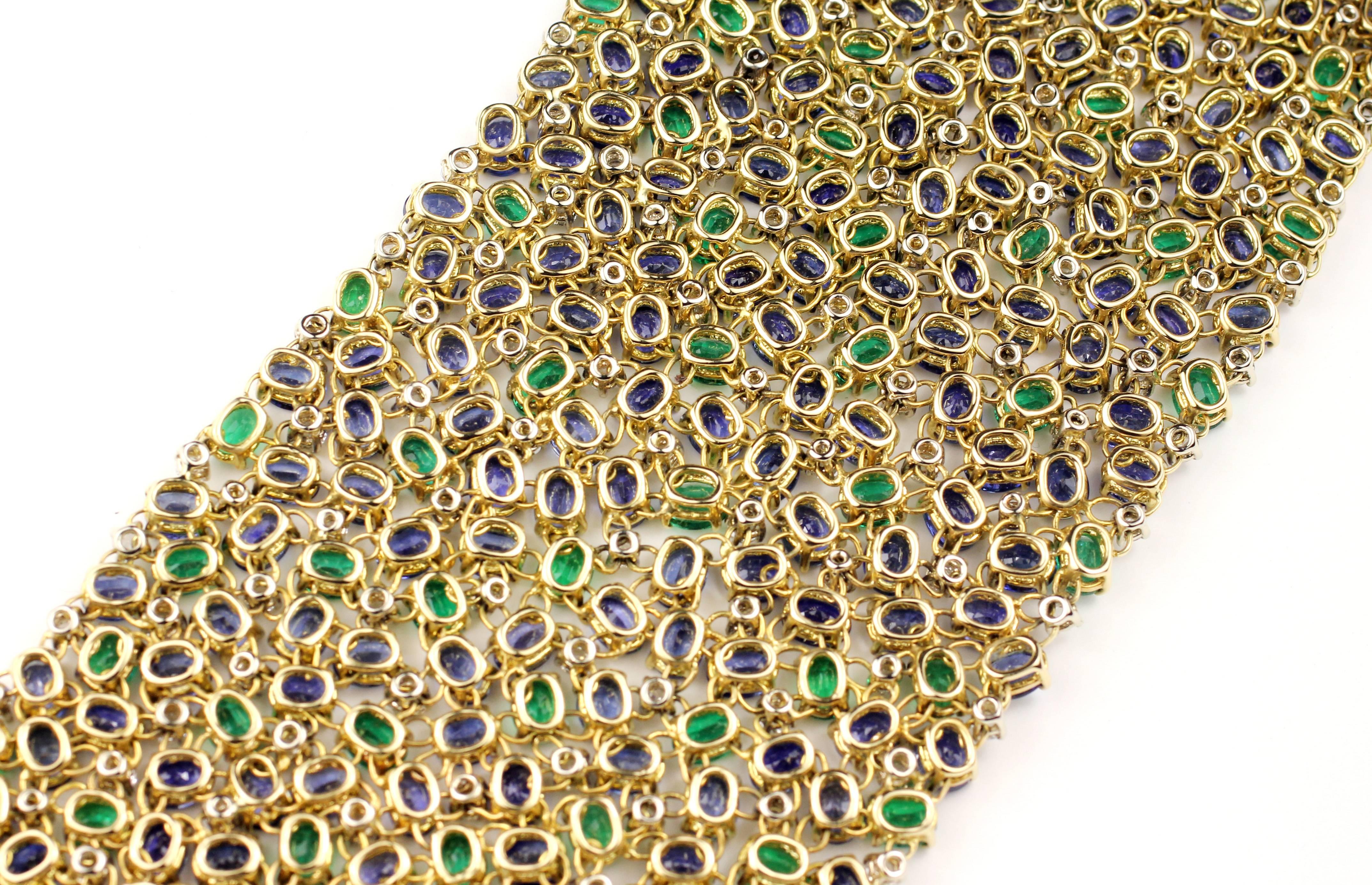 Contemporary Wide Diamond Emerald Sapphire Peacock Tapestry Bracelet