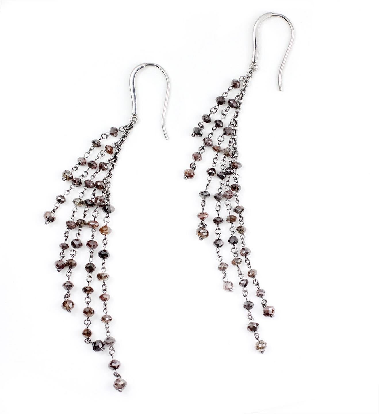 Platinum and Brown Diamond Bead Earrings.  Containing 78 Natural Color Diamond Beads (Approximately 12.88 Cts.).  

Designed and made in house by Julius Cohen New York.