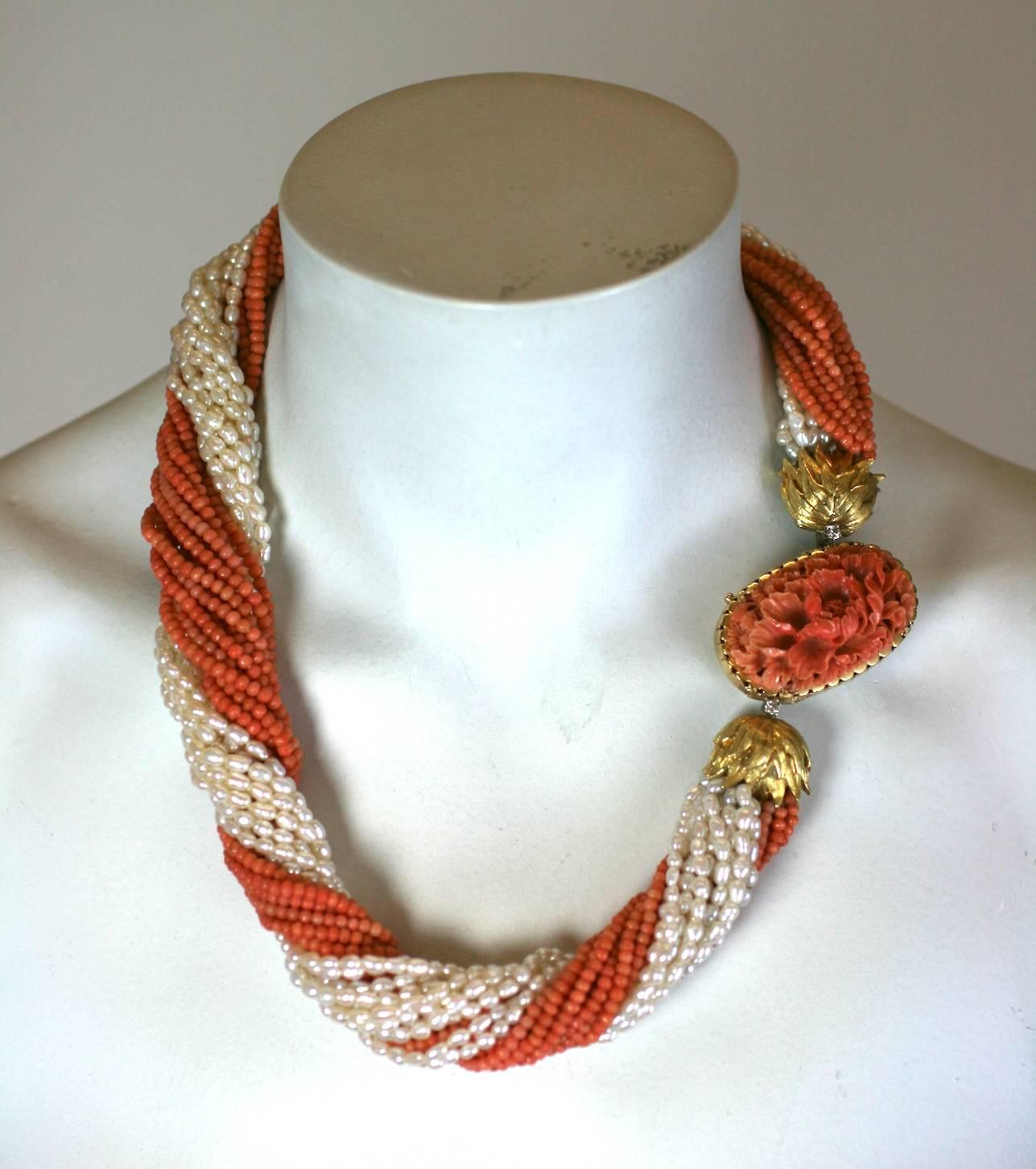 Carved Coral and Pearl Torsade Necklace 3