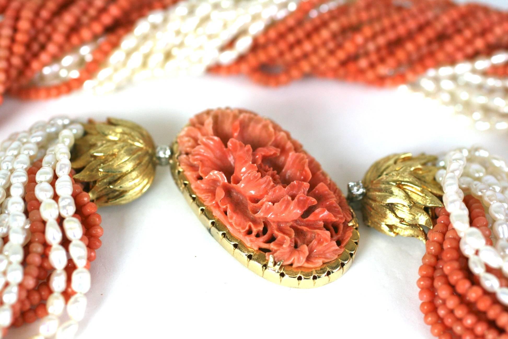 Carved Coral and Pearl Torsade Necklace In Excellent Condition In Riverdale, NY