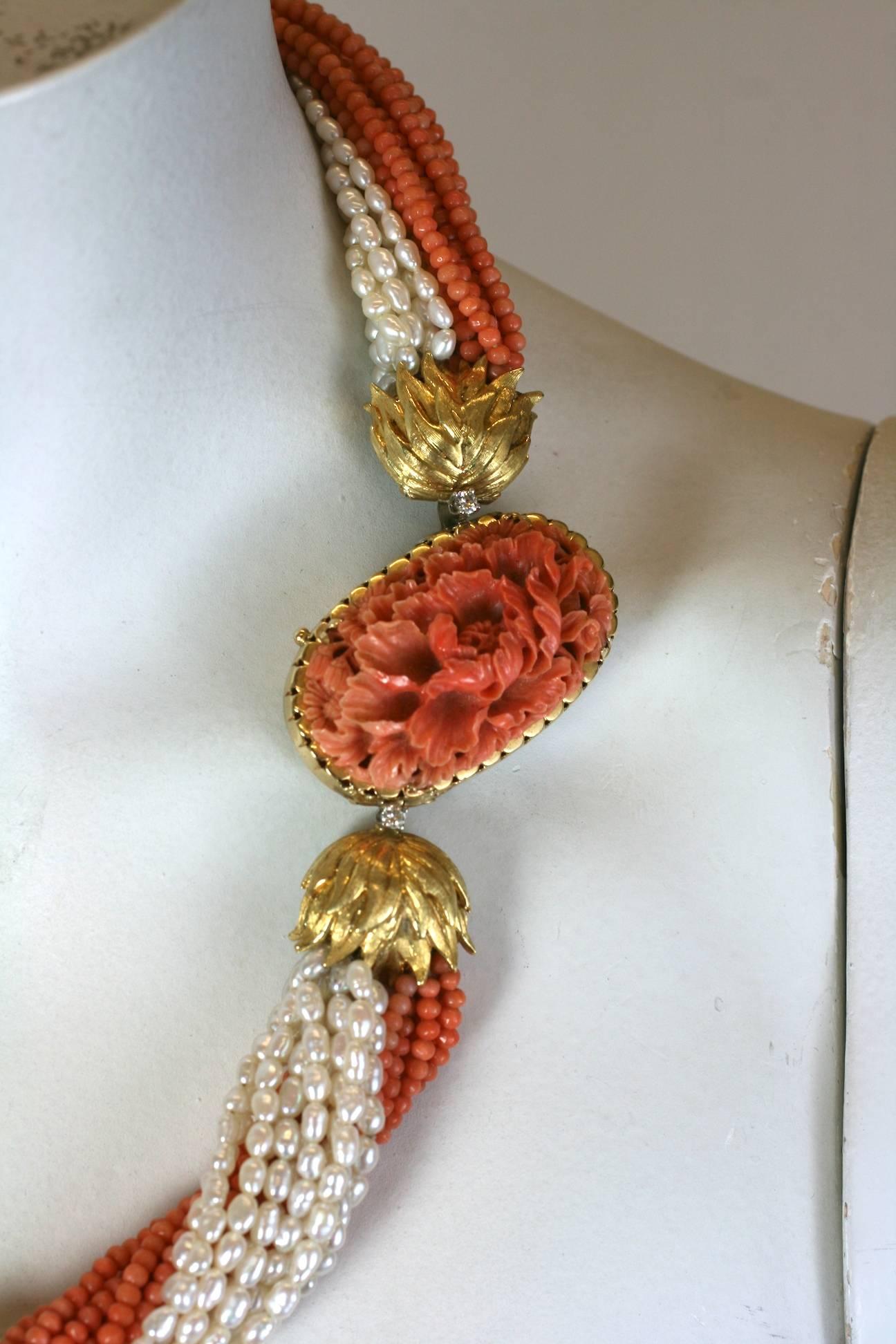 Carved Coral and Pearl Torsade Necklace 4