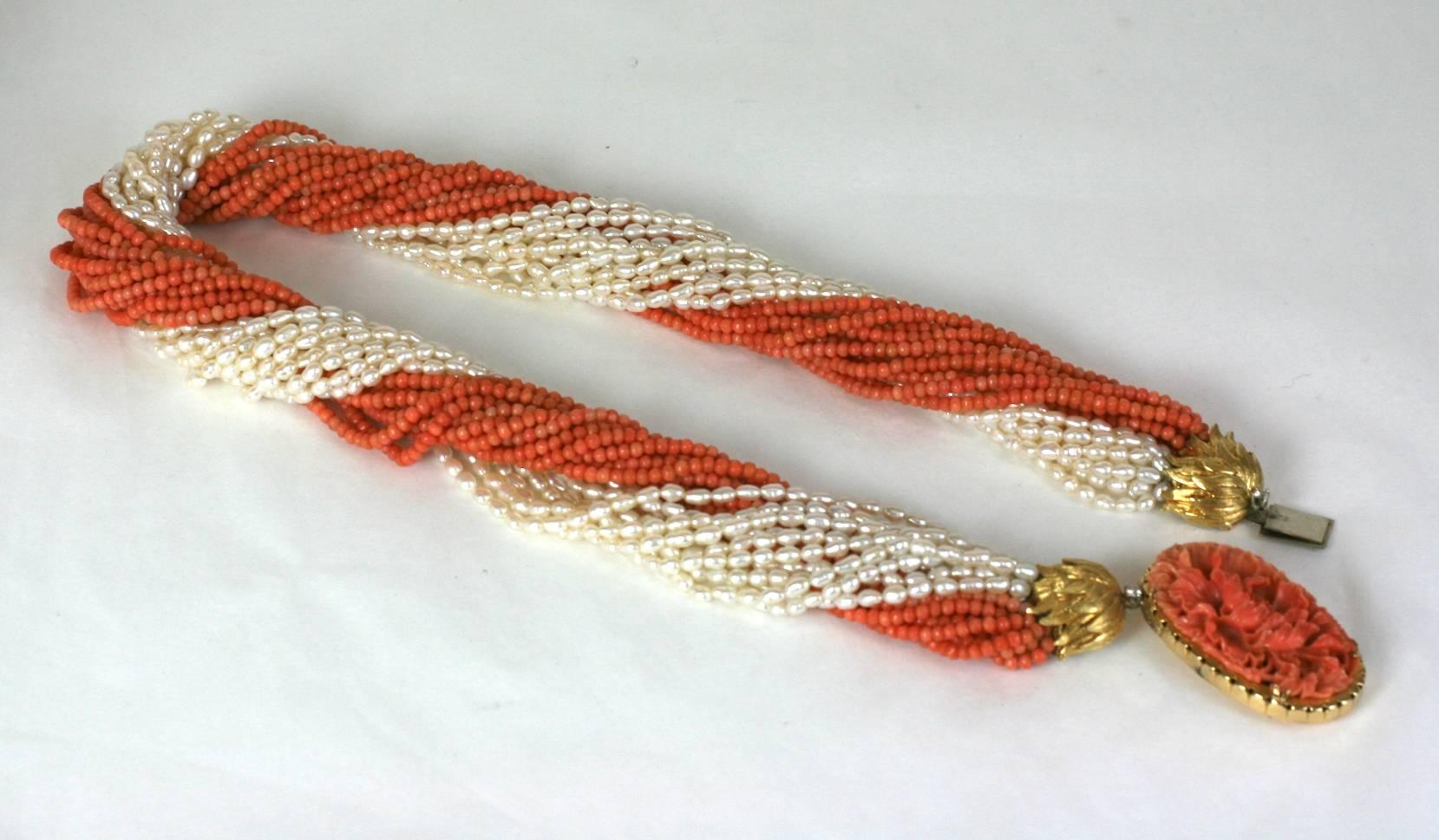 Carved Coral and Pearl Torsade Necklace 2