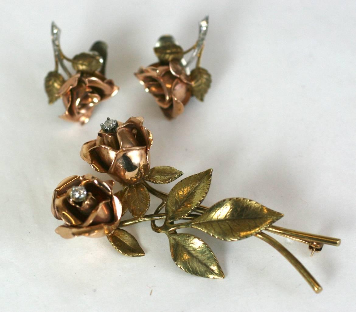 Two-Tone Rose Spray Brooch In Excellent Condition For Sale In Riverdale, NY