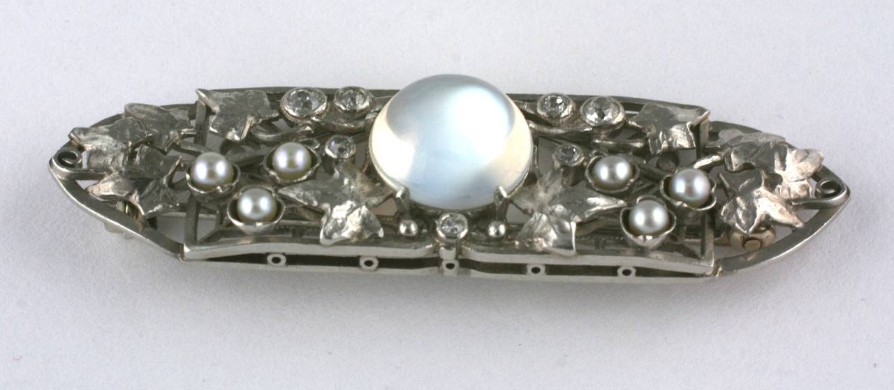 Women's or Men's Arts & Crafts Moonstone Diamond Platinum Brooch attributed F.G. Hale For Sale