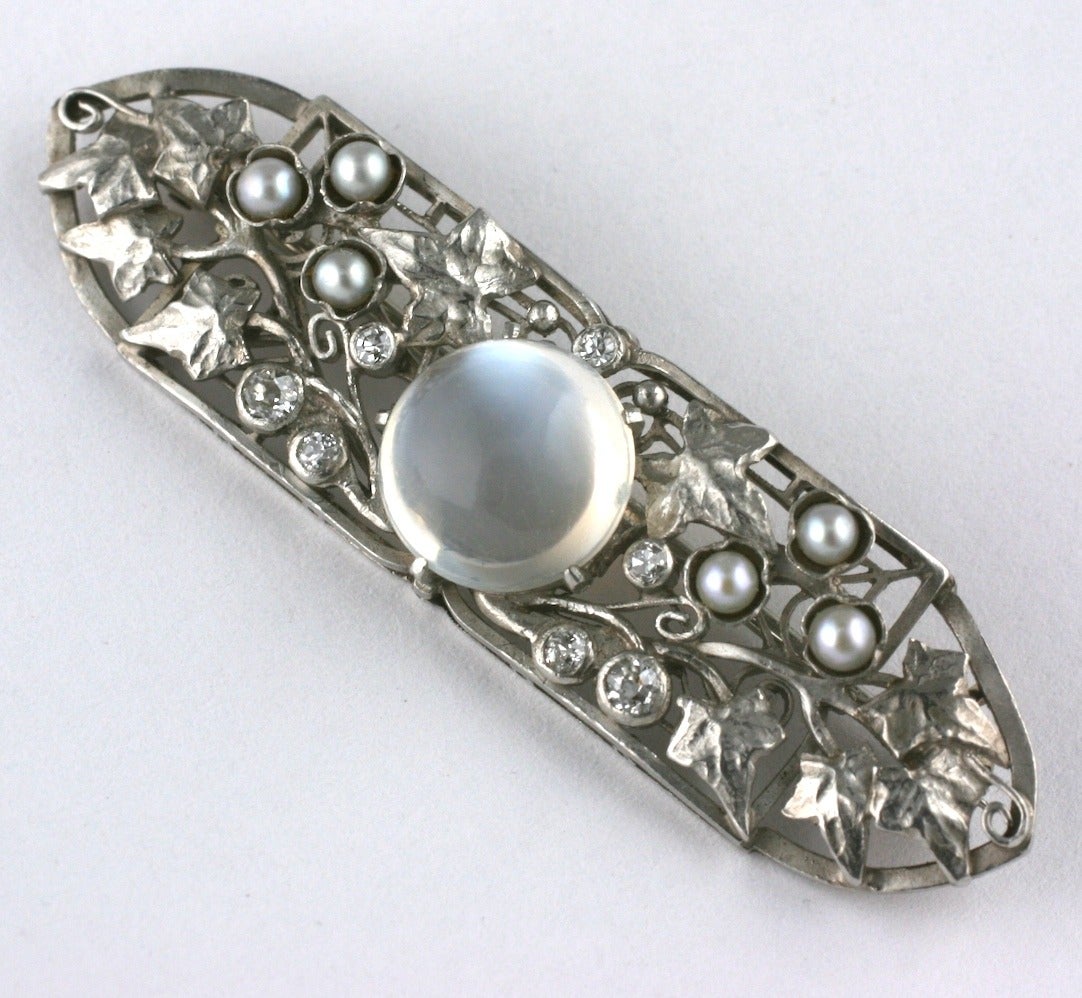 Arts & Crafts Moonstone Diamond Platinum Brooch attributed F.G. Hale In Excellent Condition For Sale In Riverdale, NY