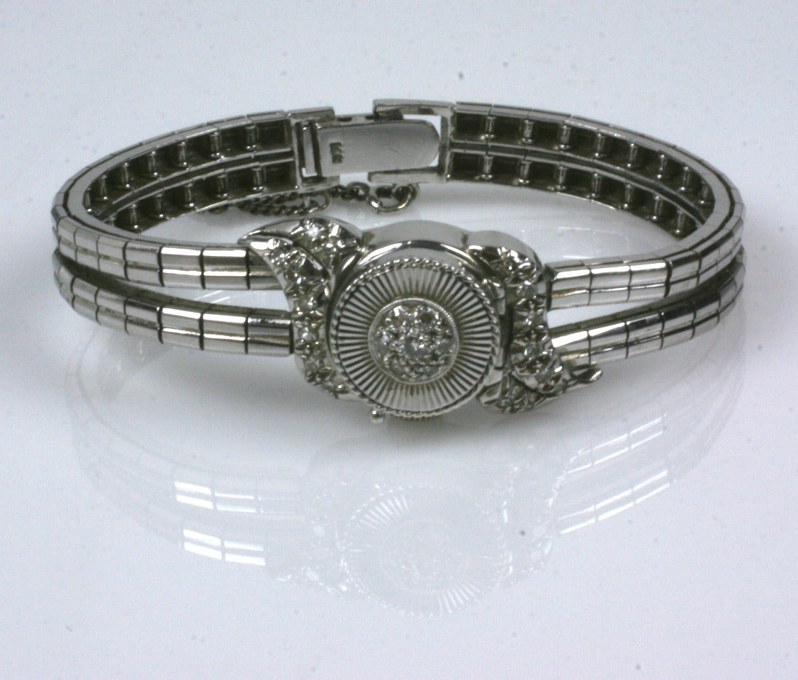 Retro Benkin Ladies White Gold Diamond Bracelet Wristwatch For Sale