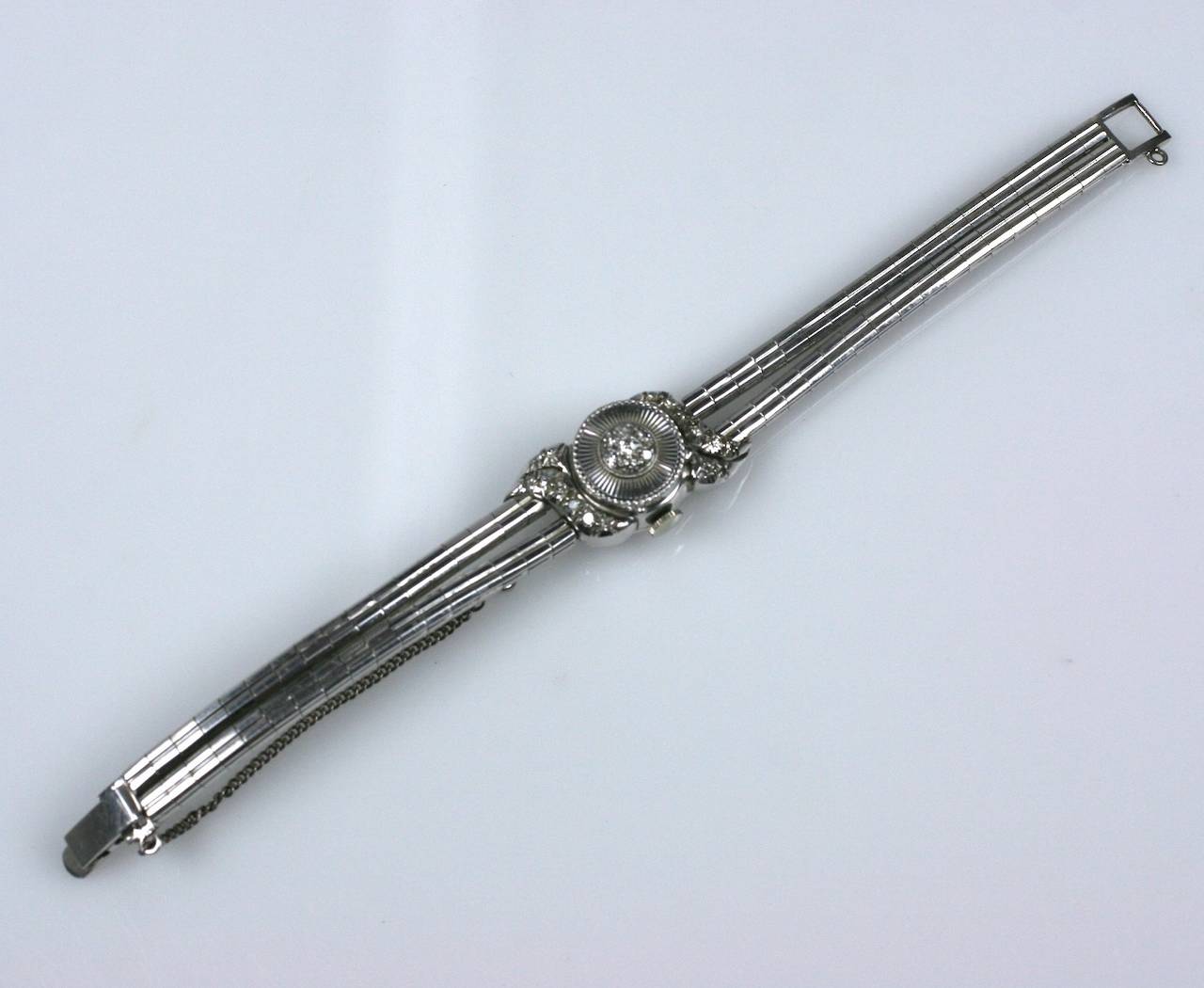 Benkin Ladies White Gold Diamond Bracelet Wristwatch In Excellent Condition For Sale In Riverdale, NY