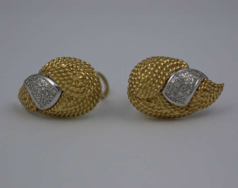 Women's Diamond and Gold Textured Leaf Earclips For Sale