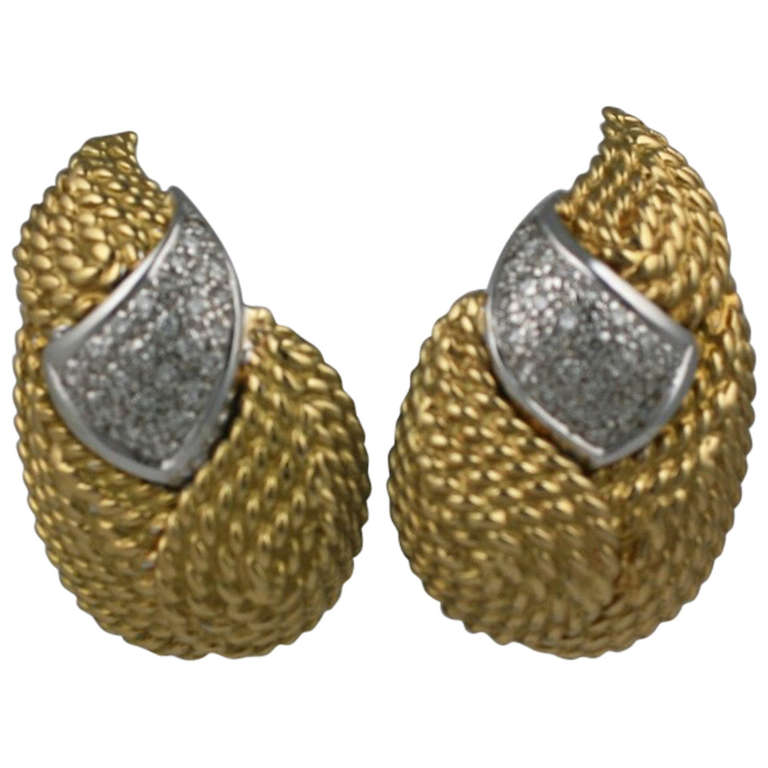 Diamond and Gold Textured Leaf Earclips For Sale